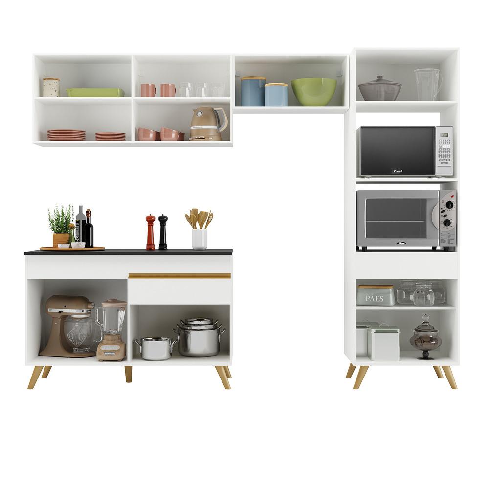 Armário de Cozinha Compacta 252cm Veneza Multimóveis V3693 Branco/Dourado