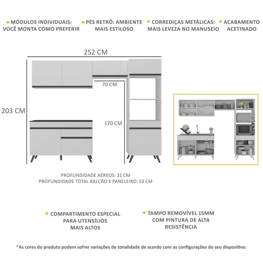 Armário de Cozinha Compacta 252cm Veneza Multimóveis V3693 Branco/Preto
