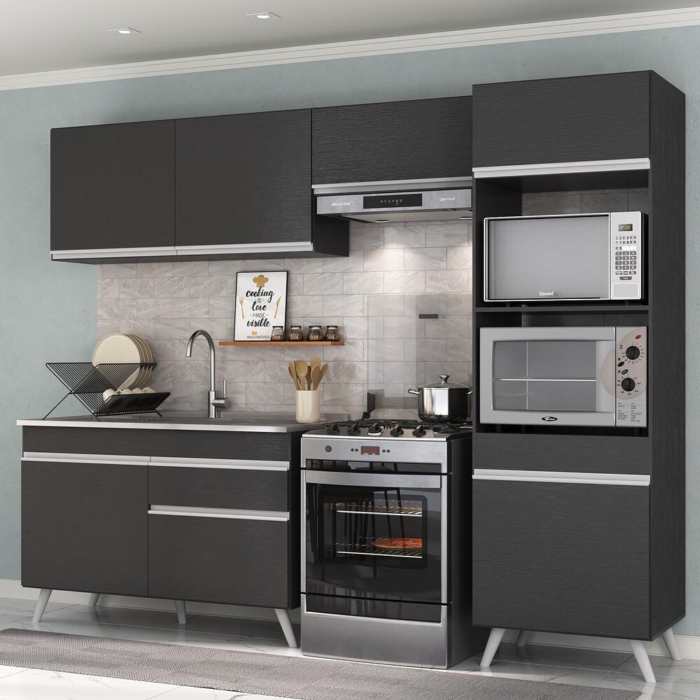 Armário de Cozinha Compacta 252cm Veneza Multimóveis V3693 Preto/Branco