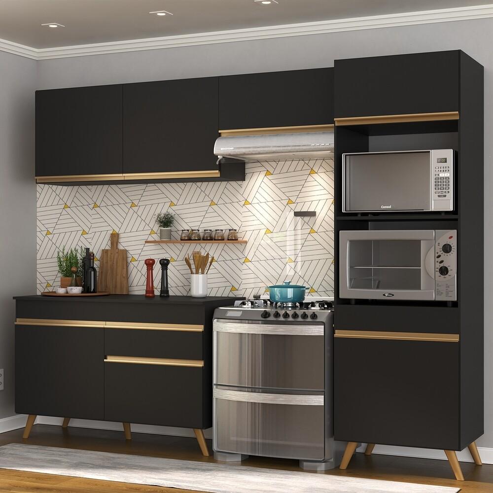 Armário de Cozinha Compacta 252cm Veneza Multimóveis V3693 Preto/Dourado