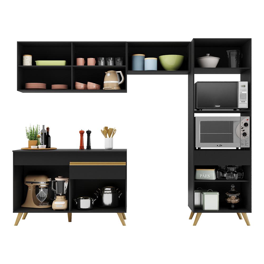 Armário de Cozinha Compacta 252cm Veneza Multimóveis V3693 Preto/Dourado