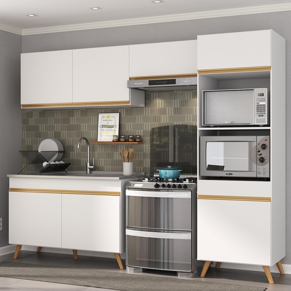 Armário de Cozinha Compacta 252cm Veneza Multimóveis V3749 Branco/Dourado