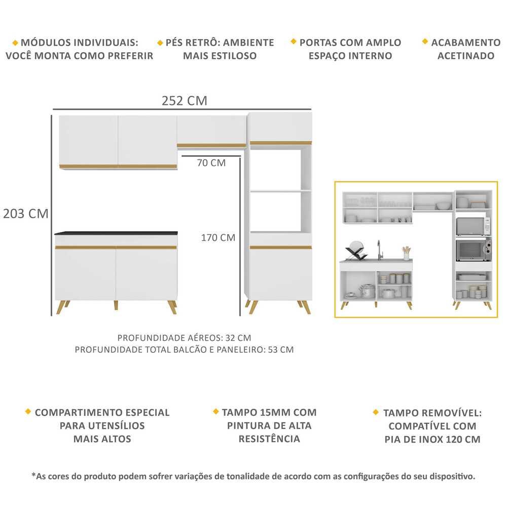 Armário de Cozinha Compacta 252cm Veneza Multimóveis V3749 Branco/Dourado