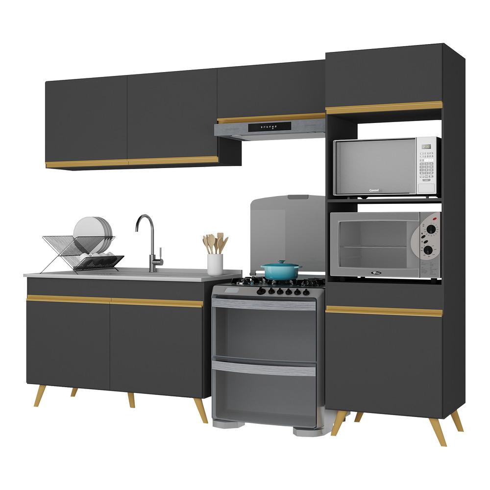 Armário de Cozinha Compacta 252cm Veneza Multimóveis V3749 Preto/Dourado