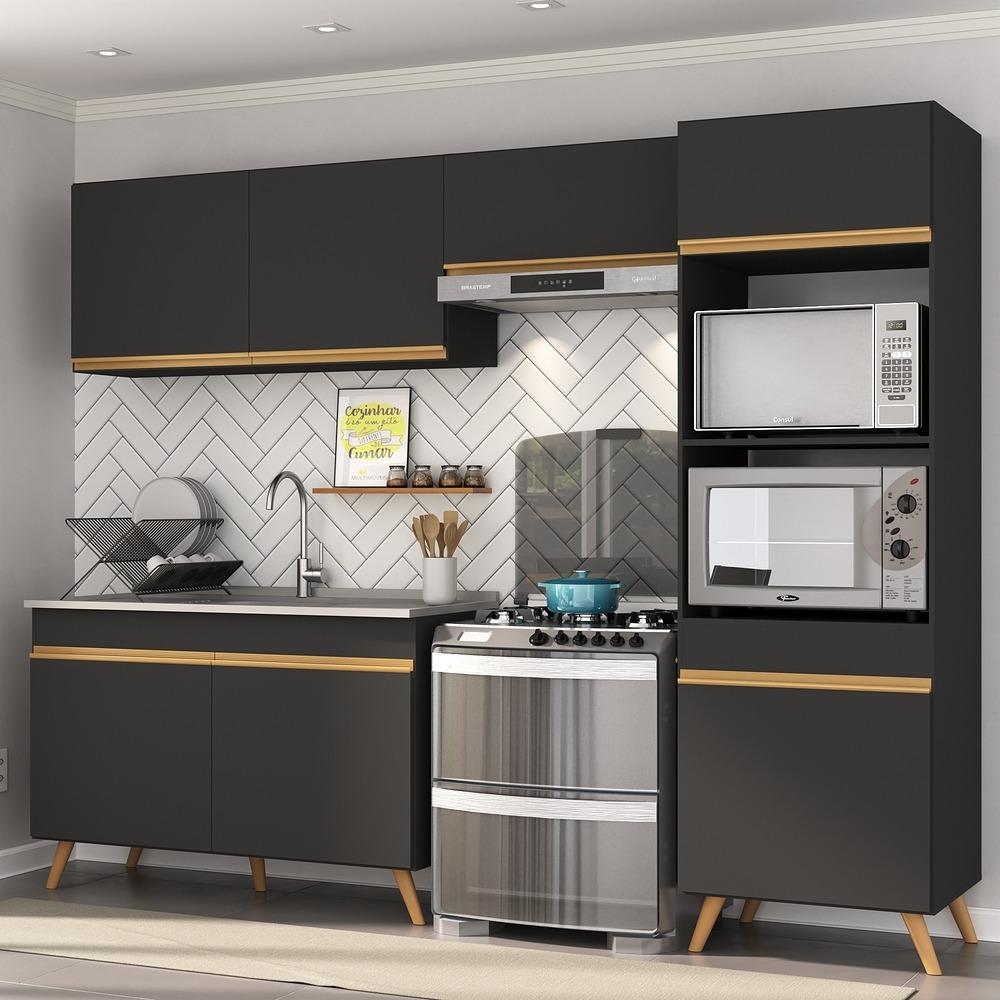 Armário de Cozinha Compacta 252cm Veneza Multimóveis V3749 Preto/Dourado