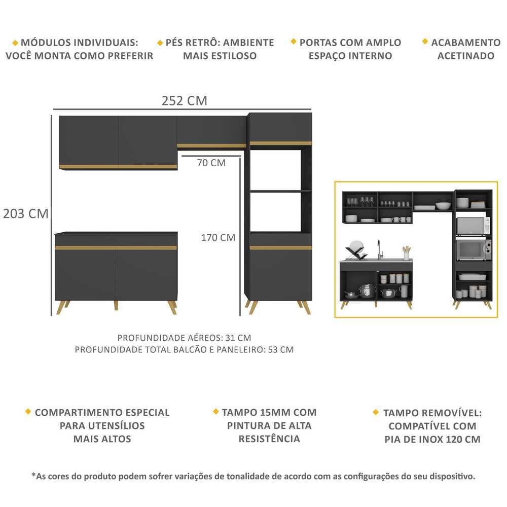 Armário de Cozinha Compacta 252cm Veneza Multimóveis V3749 Preto/Dourado