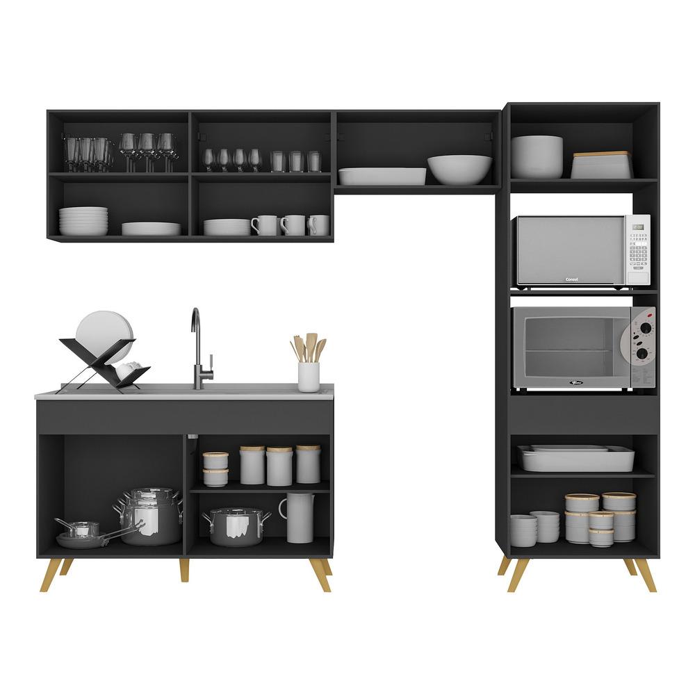 Armário de Cozinha Compacta 252cm Veneza Multimóveis V3749 Preto/Dourado