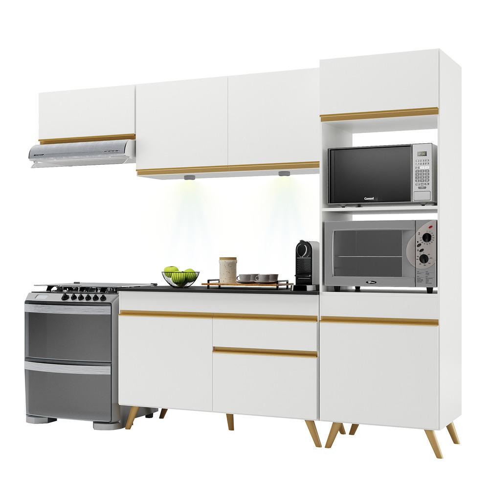 Armário de Cozinha Compacta 252cm com Leds Veneza Up Multimóveis V2015 Branco/Dourado