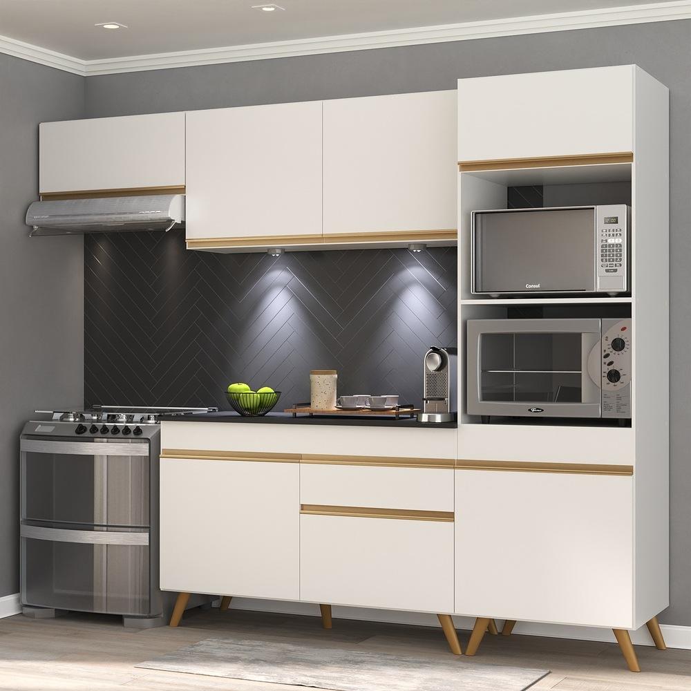 Armário de Cozinha Compacta 252cm com Leds Veneza Up Multimóveis V2015 Branco/Dourado
