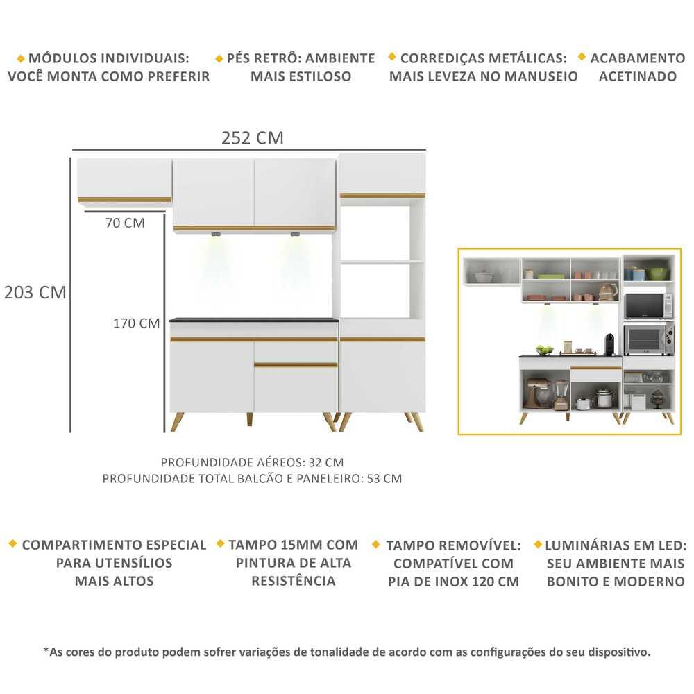 Armário de Cozinha Compacta 252cm com Leds Veneza Up Multimóveis V2015 Branco/Dourado