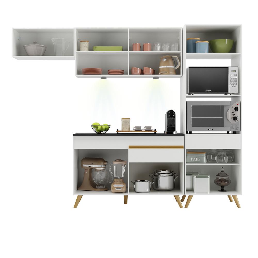 Armário de Cozinha Compacta 252cm com Leds Veneza Up Multimóveis V2015 Branco/Dourado