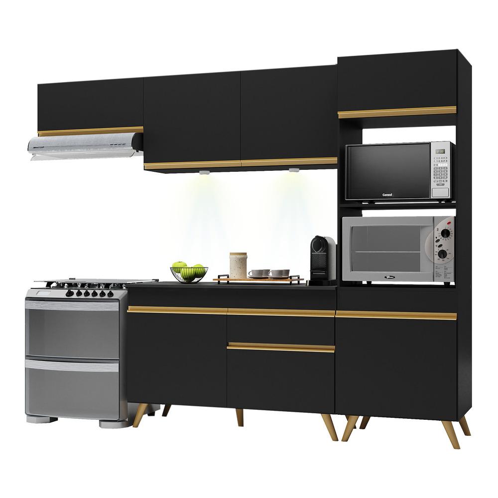 Armário de Cozinha Compacta 252cm com Leds Veneza Up Multimóveis V2015 Preto/Dourado
