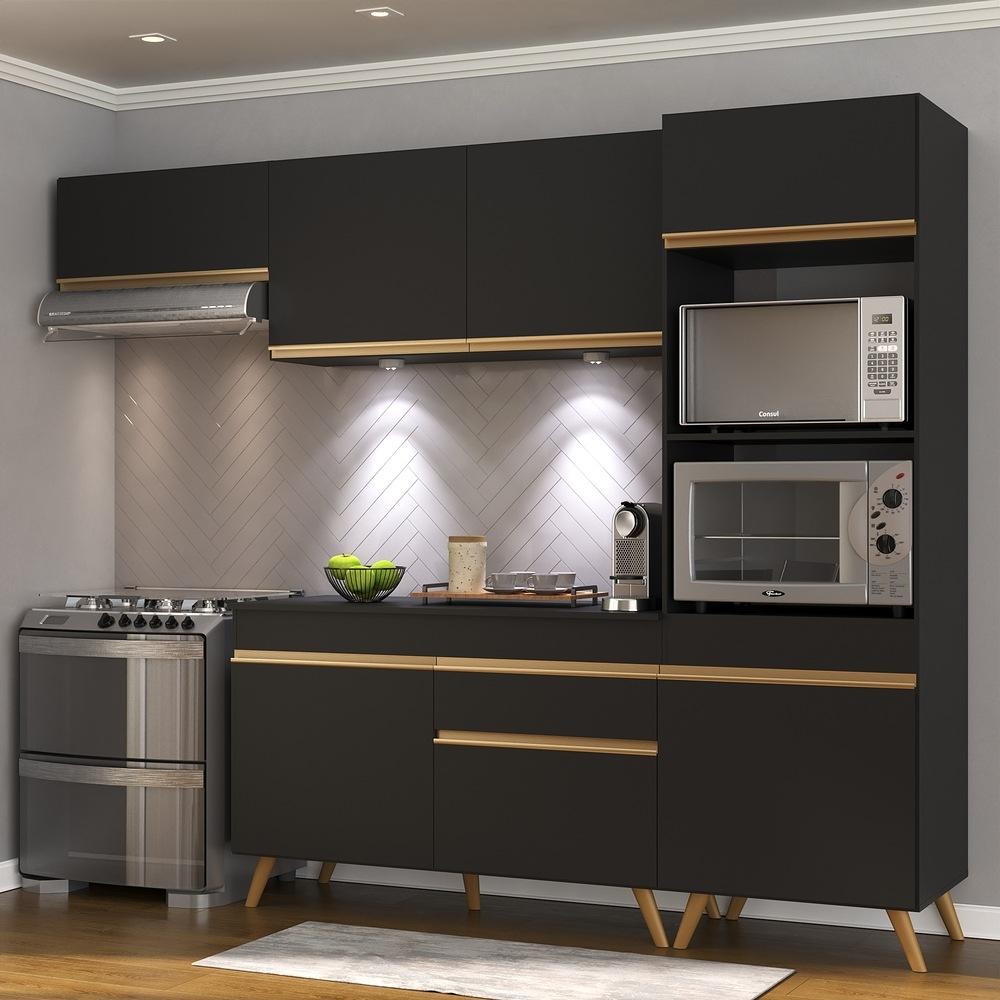 Armário de Cozinha Compacta 252cm com Leds Veneza Up Multimóveis V2015 Preto/Dourado