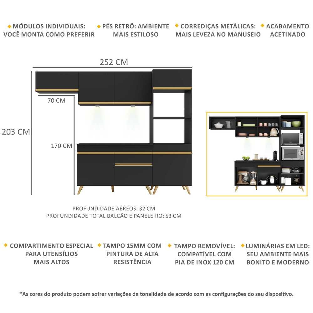 Armário de Cozinha Compacta 252cm com Leds Veneza Up Multimóveis V2015 Preto/Dourado