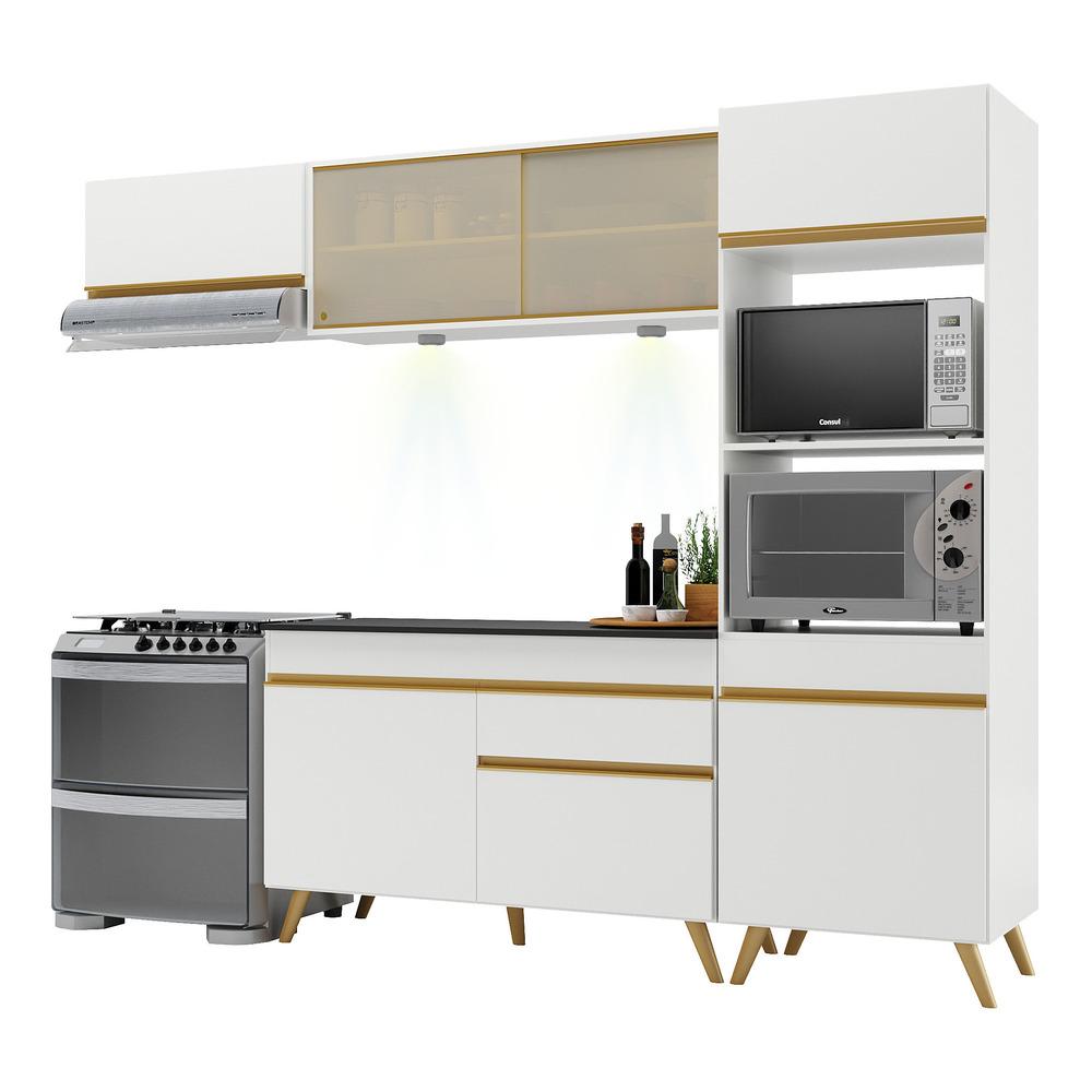 Armário de Cozinha Compacta 252cm com Leds Veneza Up Multimóveis V2016 Branco/Dourado
