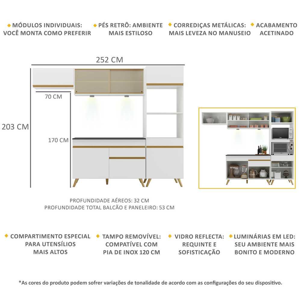 Armário de Cozinha Compacta 252cm com Leds Veneza Up Multimóveis V2016 Branco/Dourado