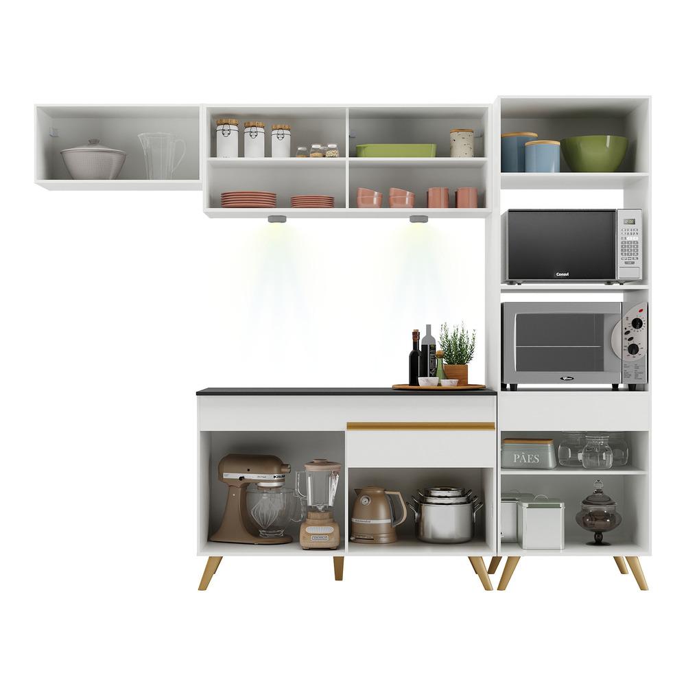 Armário de Cozinha Compacta 252cm com Leds Veneza Up Multimóveis V2016 Branco/Dourado