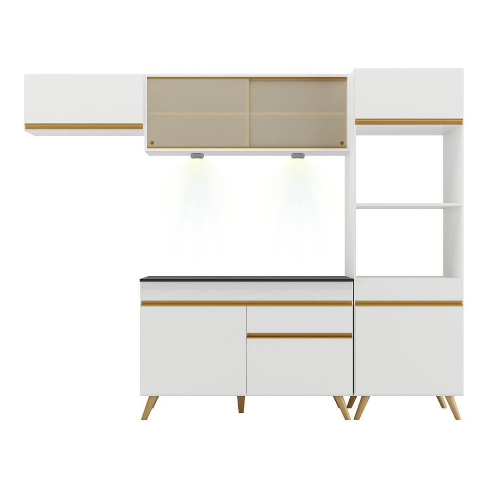 Armário de Cozinha Compacta 252cm com Leds Veneza Up Multimóveis V2016 Branco/Dourado