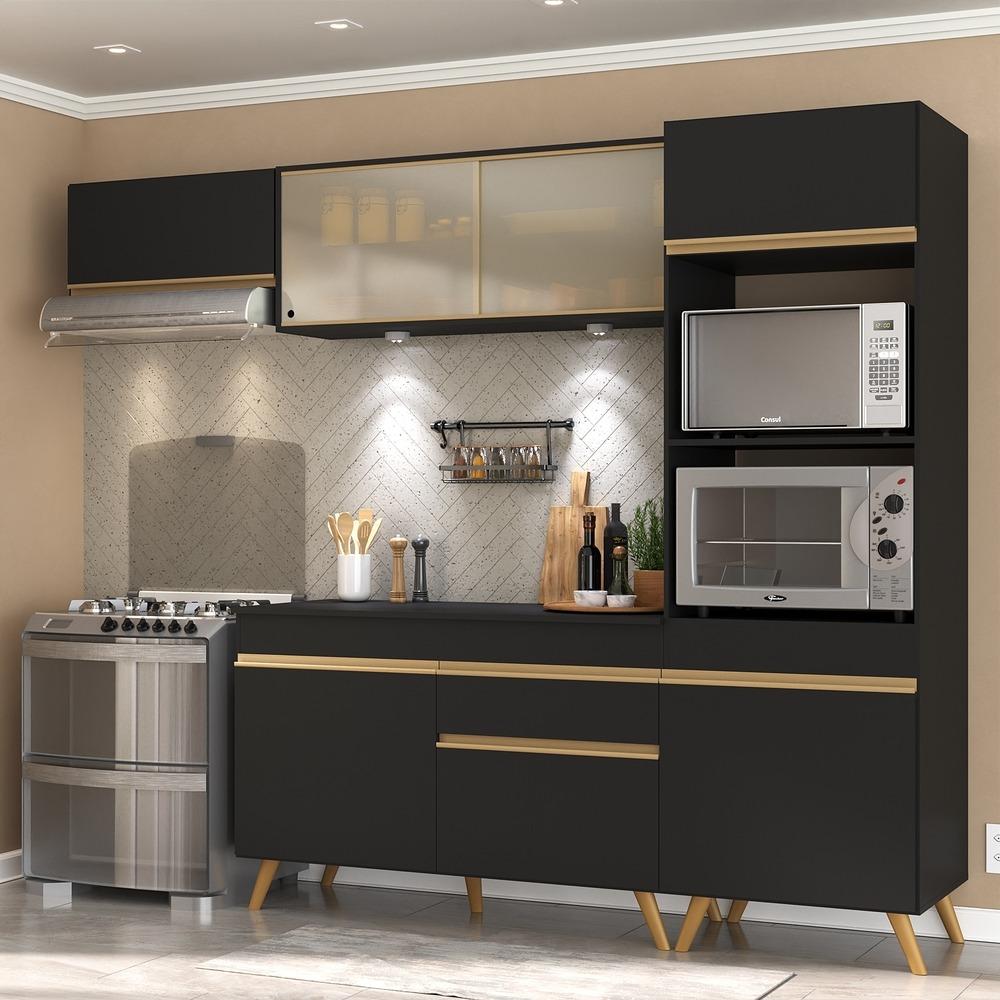 Armário de Cozinha Compacta 252cm com Leds Veneza Up Multimóveis V2016 Preto/Dourado