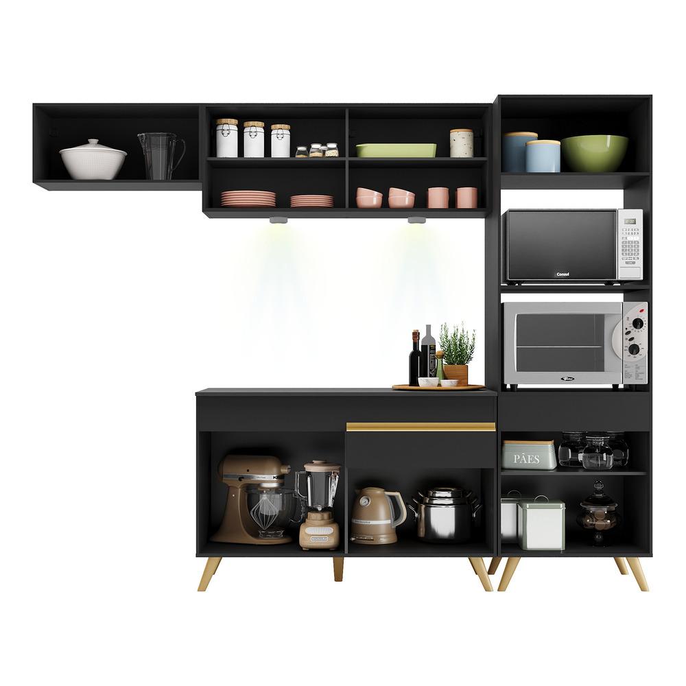Armário de Cozinha Compacta 252cm com Leds Veneza Up Multimóveis V2016 Preto/Dourado