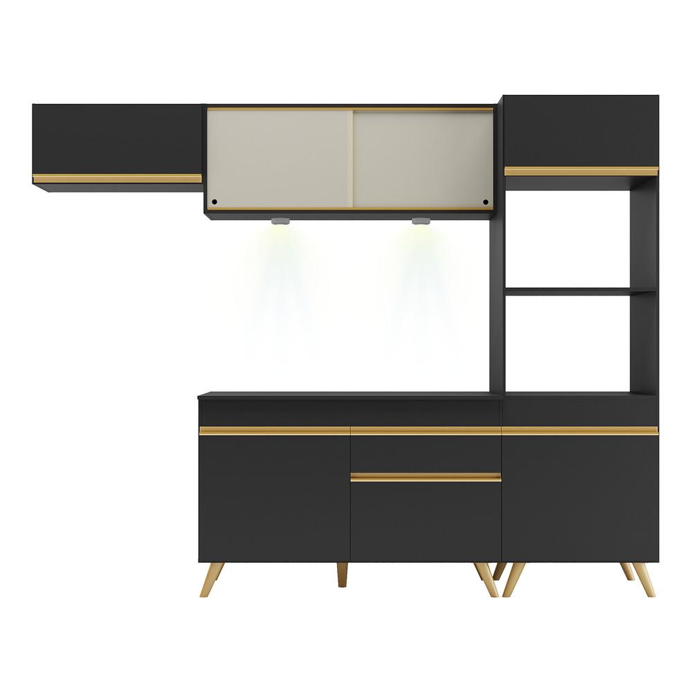 Armário de Cozinha Compacta 252cm com Leds Veneza Up Multimóveis V2016 Preto/Dourado
