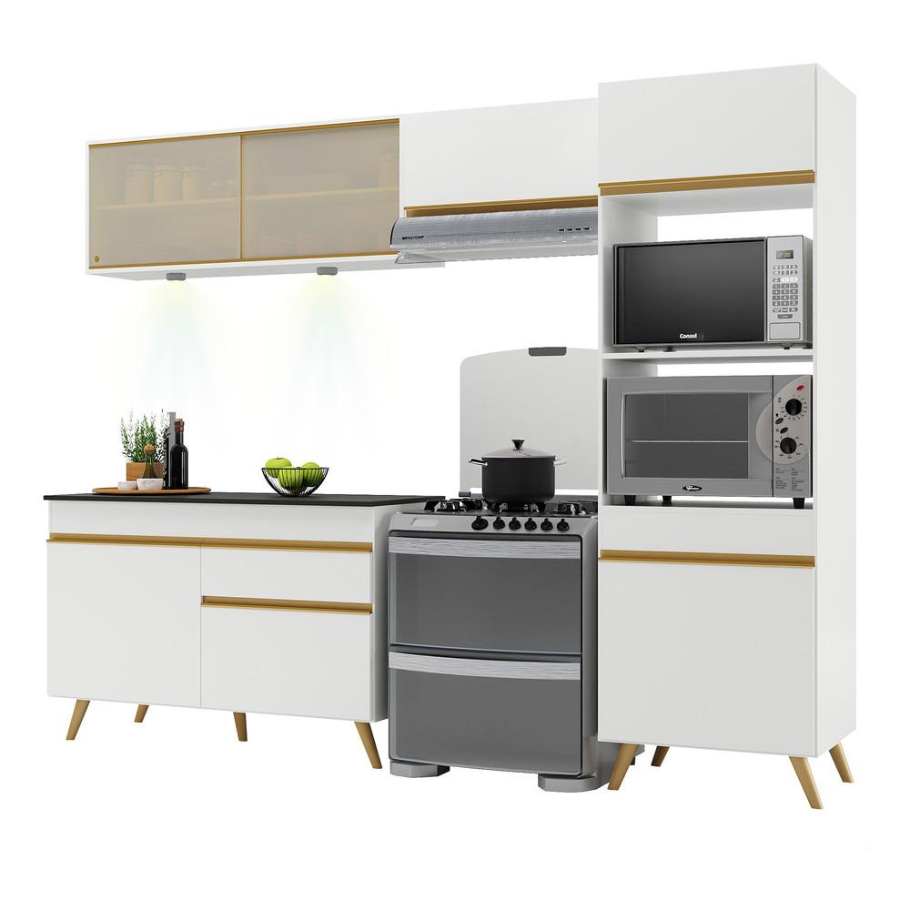 Armário de Cozinha Compacta 252cm com Leds Veneza Up Multimóveis V2017 Branco/Dourado