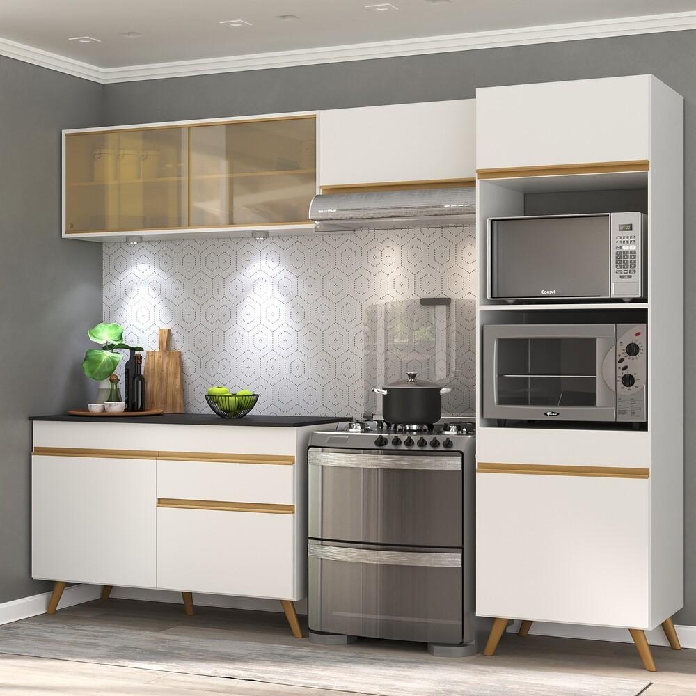 Armário de Cozinha Compacta 252cm com Leds Veneza Up Multimóveis V2017 Branco/Dourado