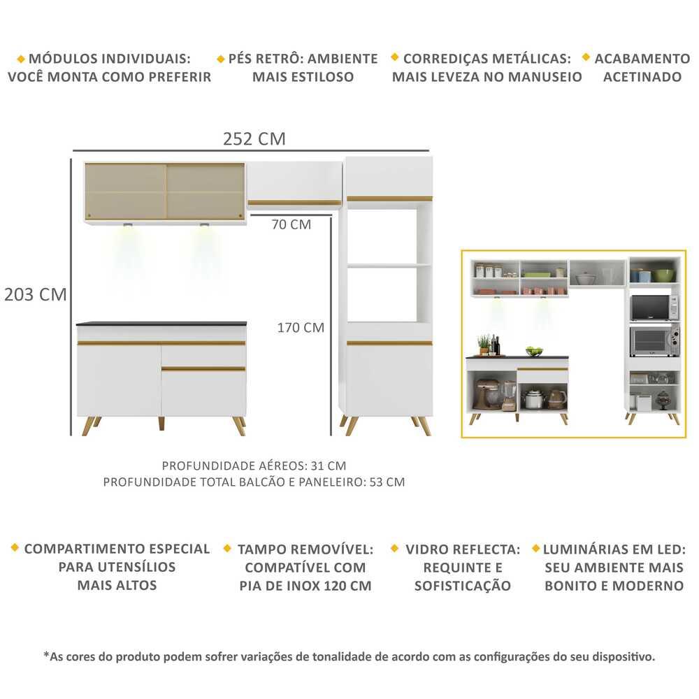 Armário de Cozinha Compacta 252cm com Leds Veneza Up Multimóveis V2017 Branco/Dourado