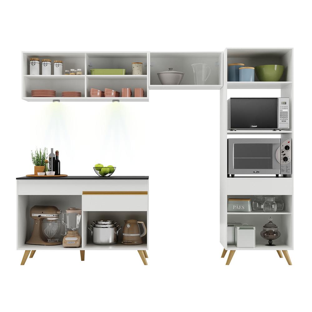 Armário de Cozinha Compacta 252cm com Leds Veneza Up Multimóveis V2017 Branco/Dourado