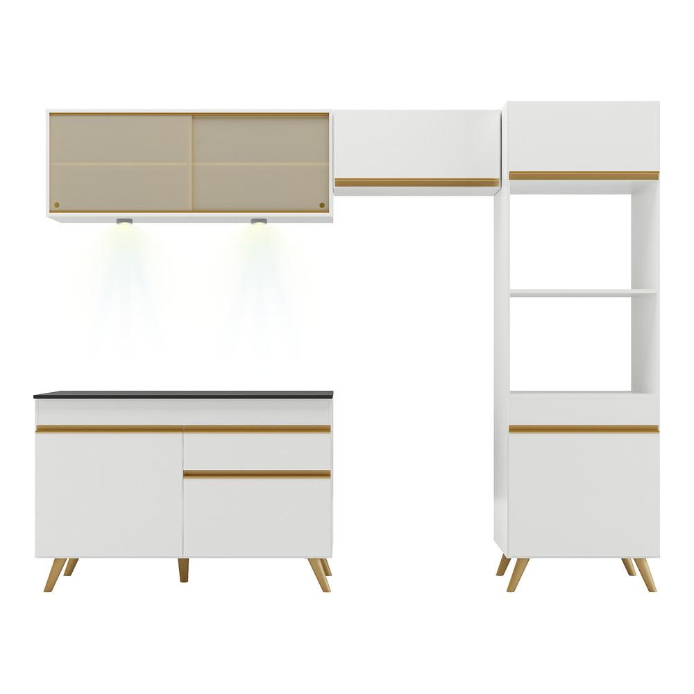 Armário de Cozinha Compacta 252cm com Leds Veneza Up Multimóveis V2017 Branco/Dourado