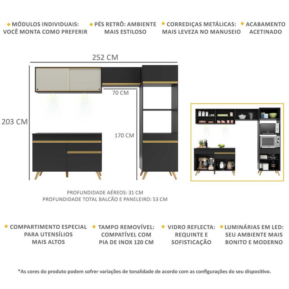 Armário de Cozinha Compacta 252cm com Leds Veneza Up Multimóveis V2017 Preto/Dourado