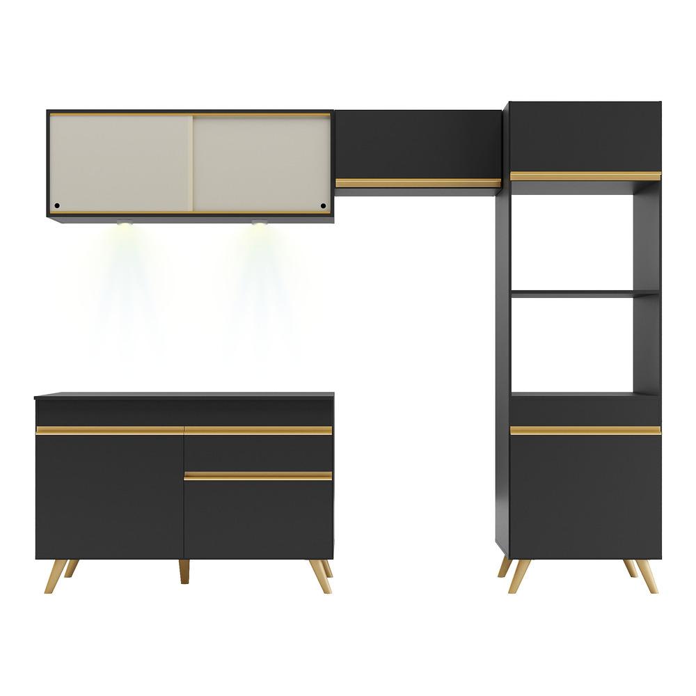 Armário de Cozinha Compacta 252cm com Leds Veneza Up Multimóveis V2017 Preto/Dourado