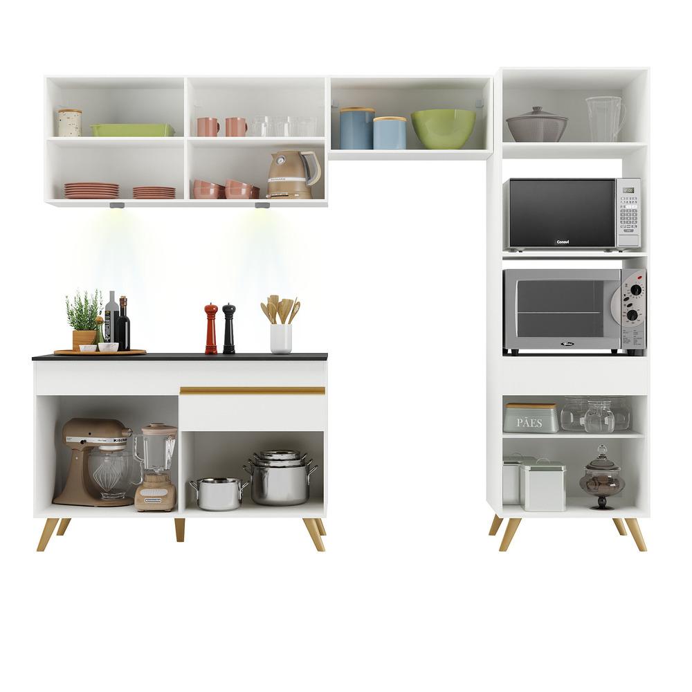 Armário de Cozinha Compacta 252cm com Leds Veneza Up Multimóveis V2018 Branco/Dourado