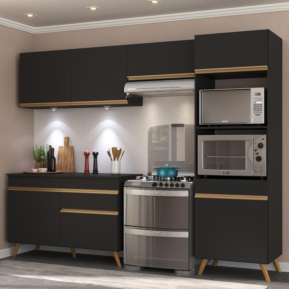 Armário de Cozinha Compacta 252cm com Leds Veneza Up Multimóveis V2018 Preto/Dourado