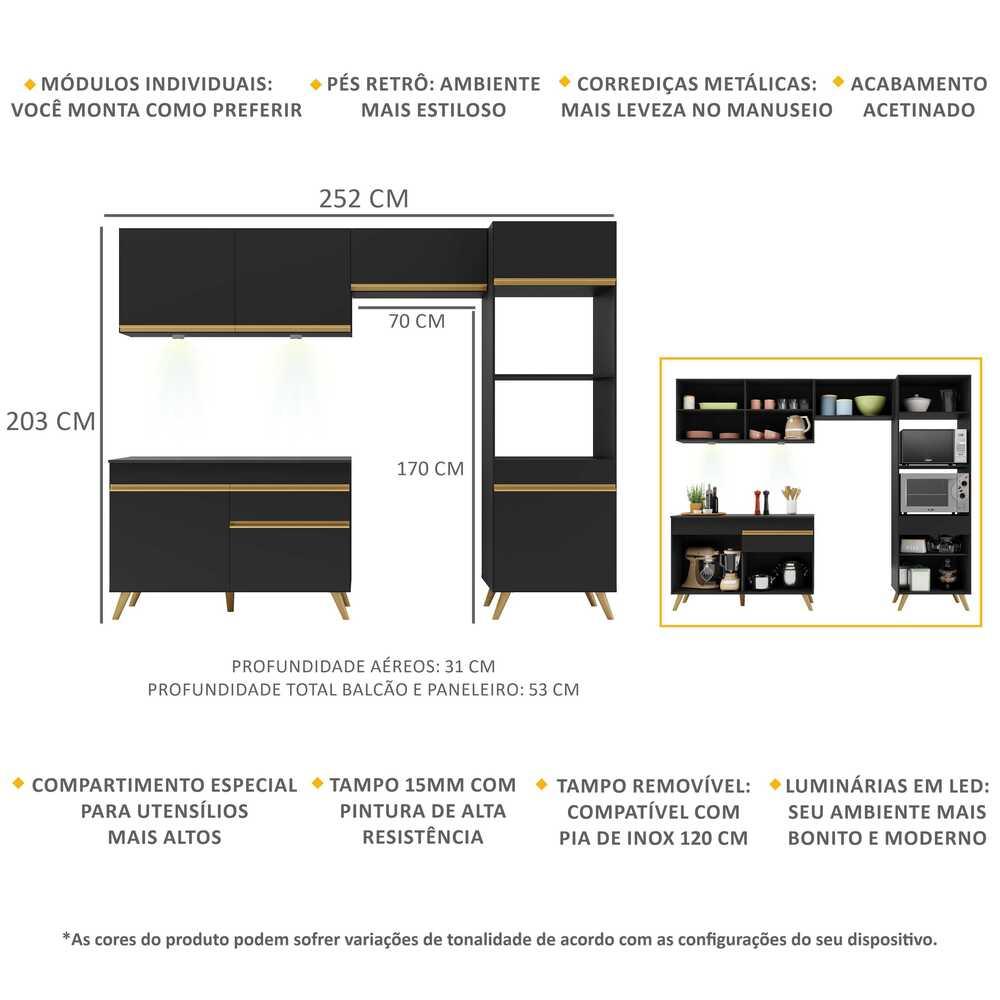 Armário de Cozinha Compacta 252cm com Leds Veneza Up Multimóveis V2018 Preto/Dourado
