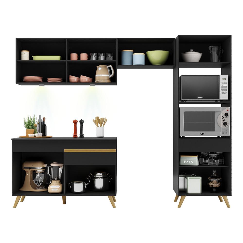 Armário de Cozinha Compacta 252cm com Leds Veneza Up Multimóveis V2018 Preto/Dourado
