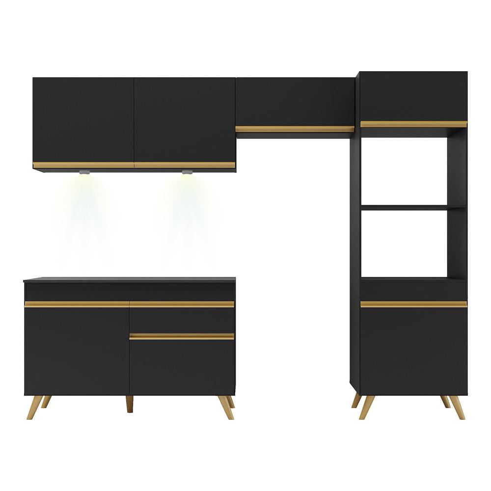Armário de Cozinha Compacta 252cm com Leds Veneza Up Multimóveis V2018 Preto/Dourado