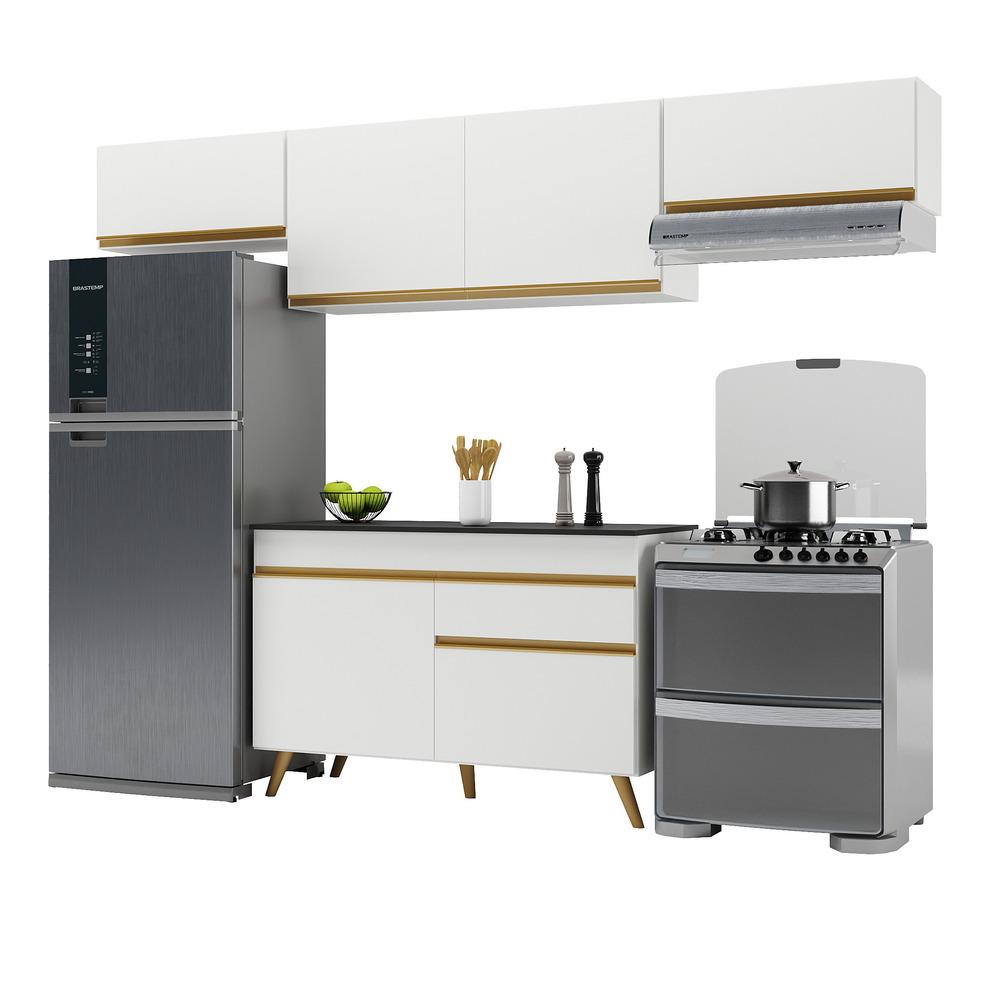Armário de Cozinha Compacta 260cm Veneza Multimóveis V3697 Branco/Dourado
