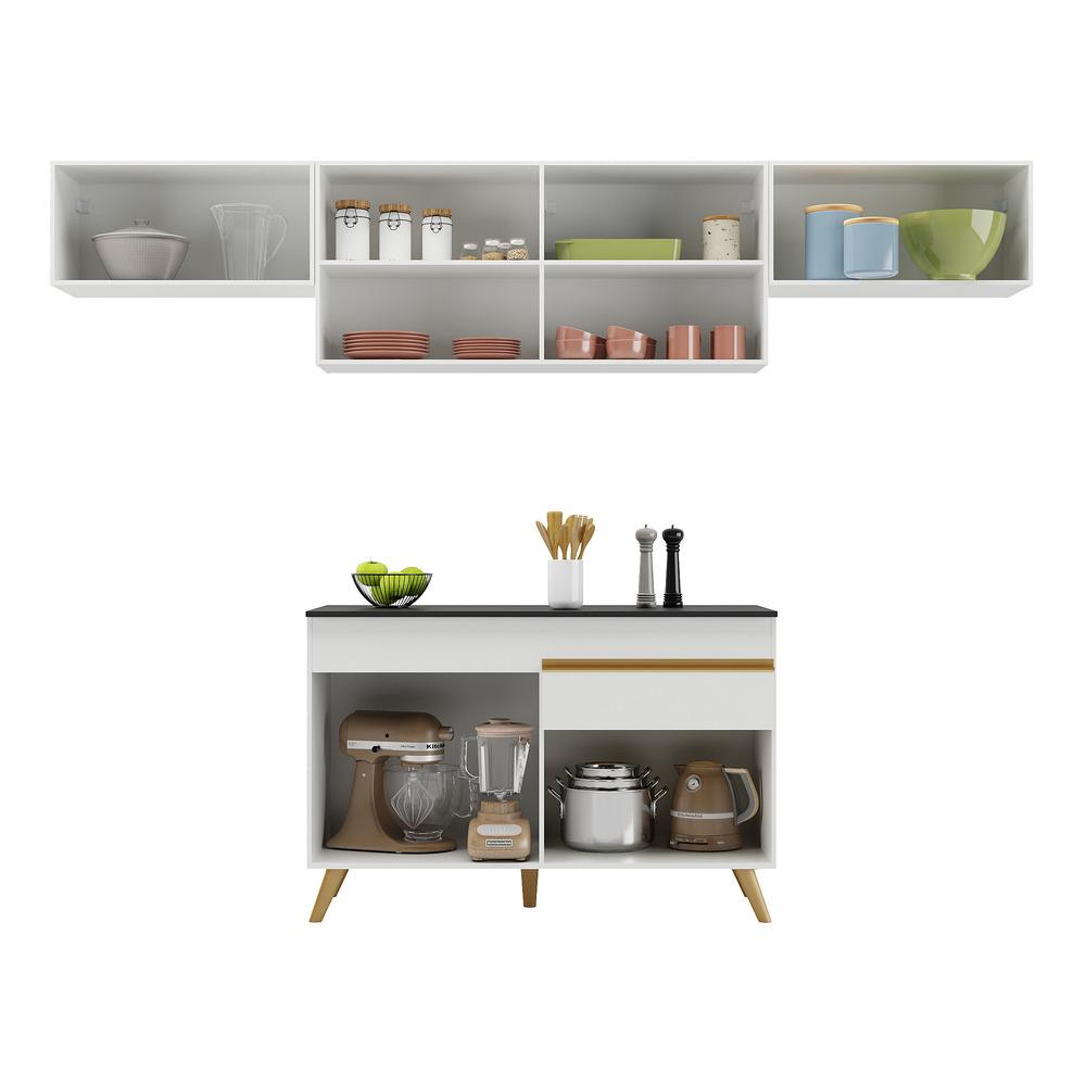 Armário de Cozinha Compacta 260cm Veneza Multimóveis V3697 Branco/Dourado