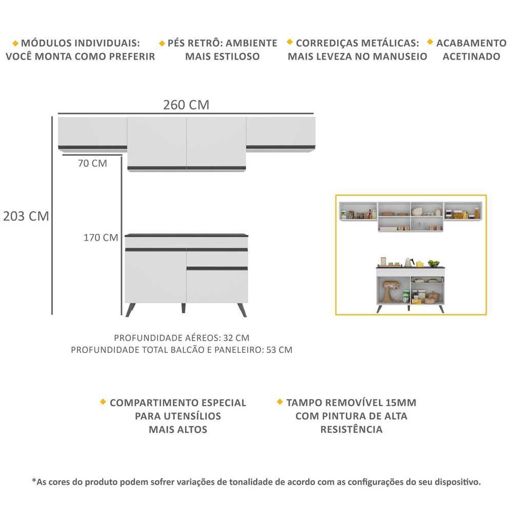 Armário de Cozinha Compacta 260cm Veneza Multimóveis V3697 Branco/Preto