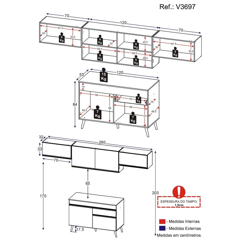 Armário de Cozinha Compacta 260cm Veneza Multimóveis V3697 Branco/Preto