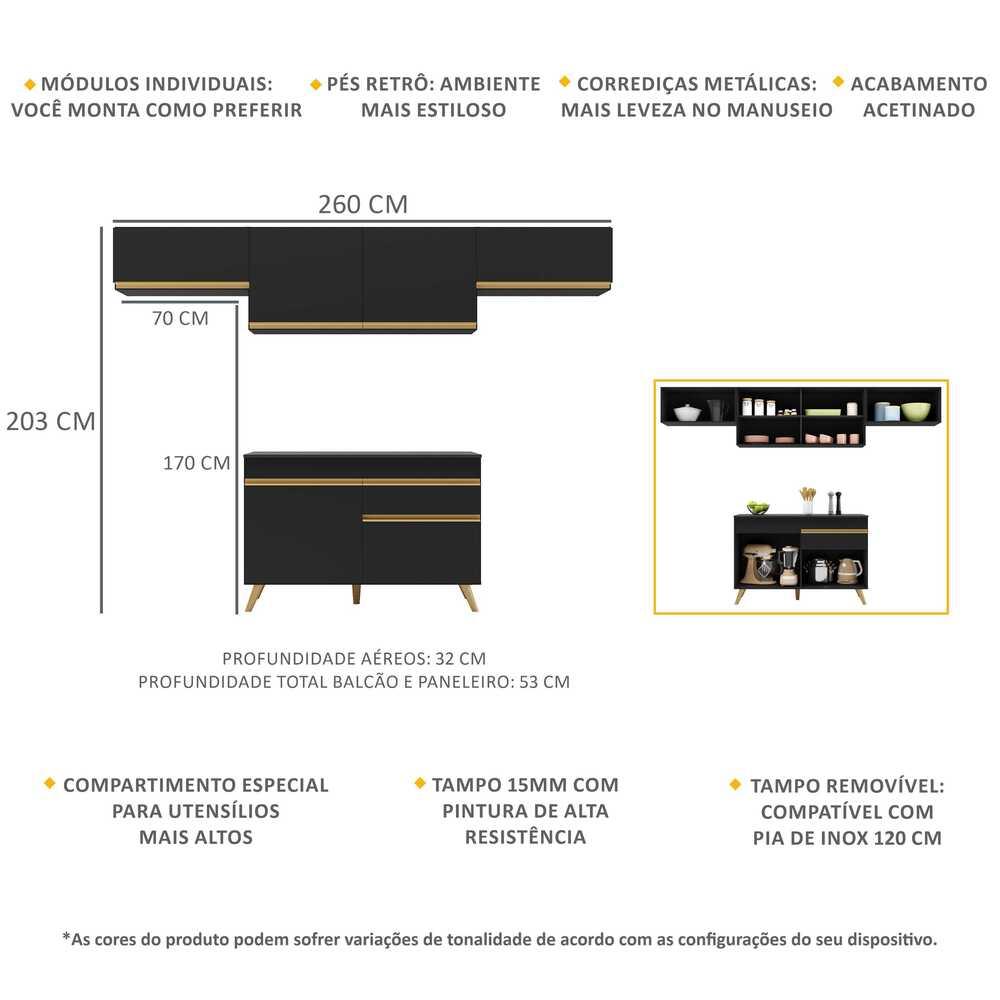 Armário de Cozinha Compacta 260cm Veneza Multimóveis V3697 Preto/Dourado