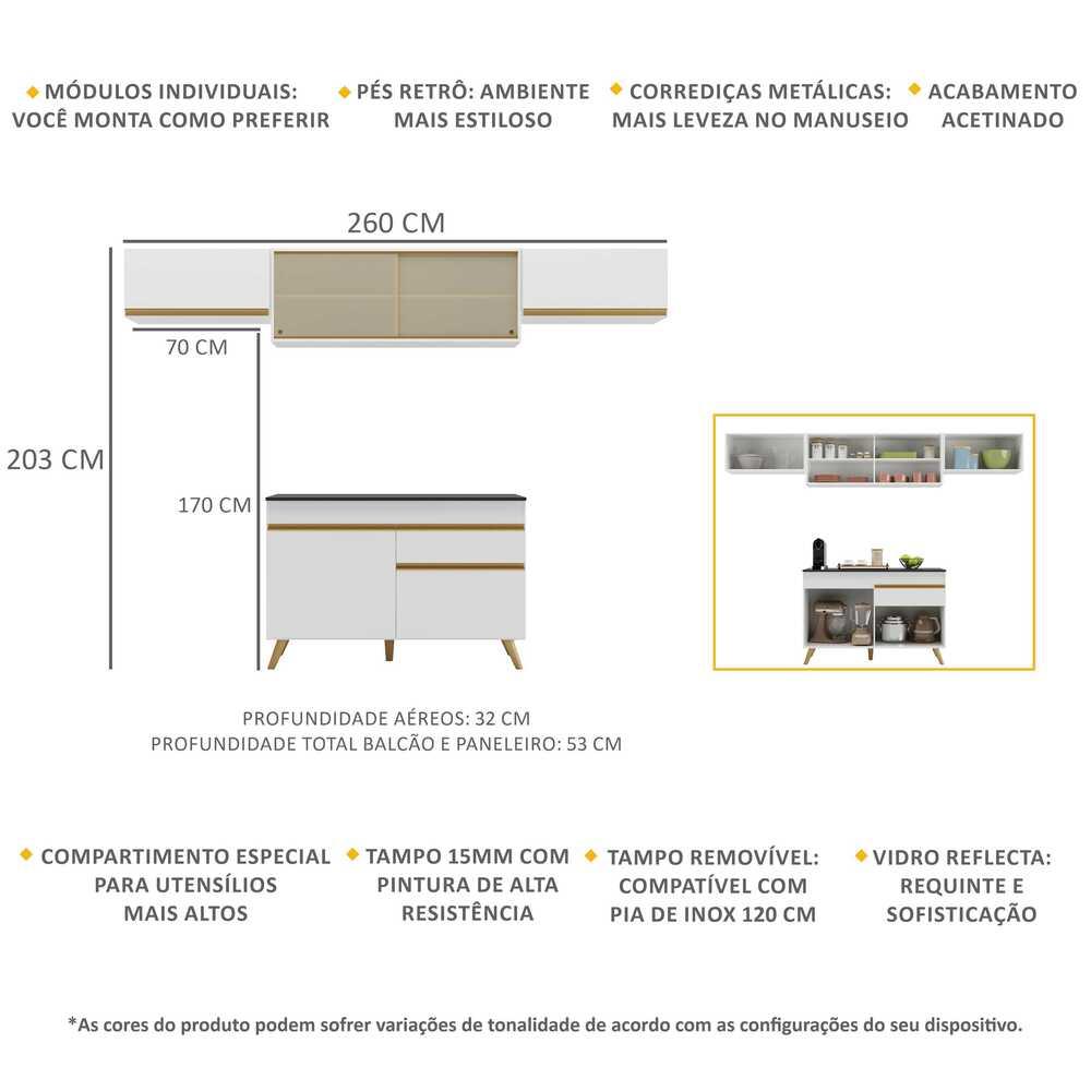 Armário de Cozinha Compacta 260cm Veneza Multimóveis V3698 Branco/Dourado