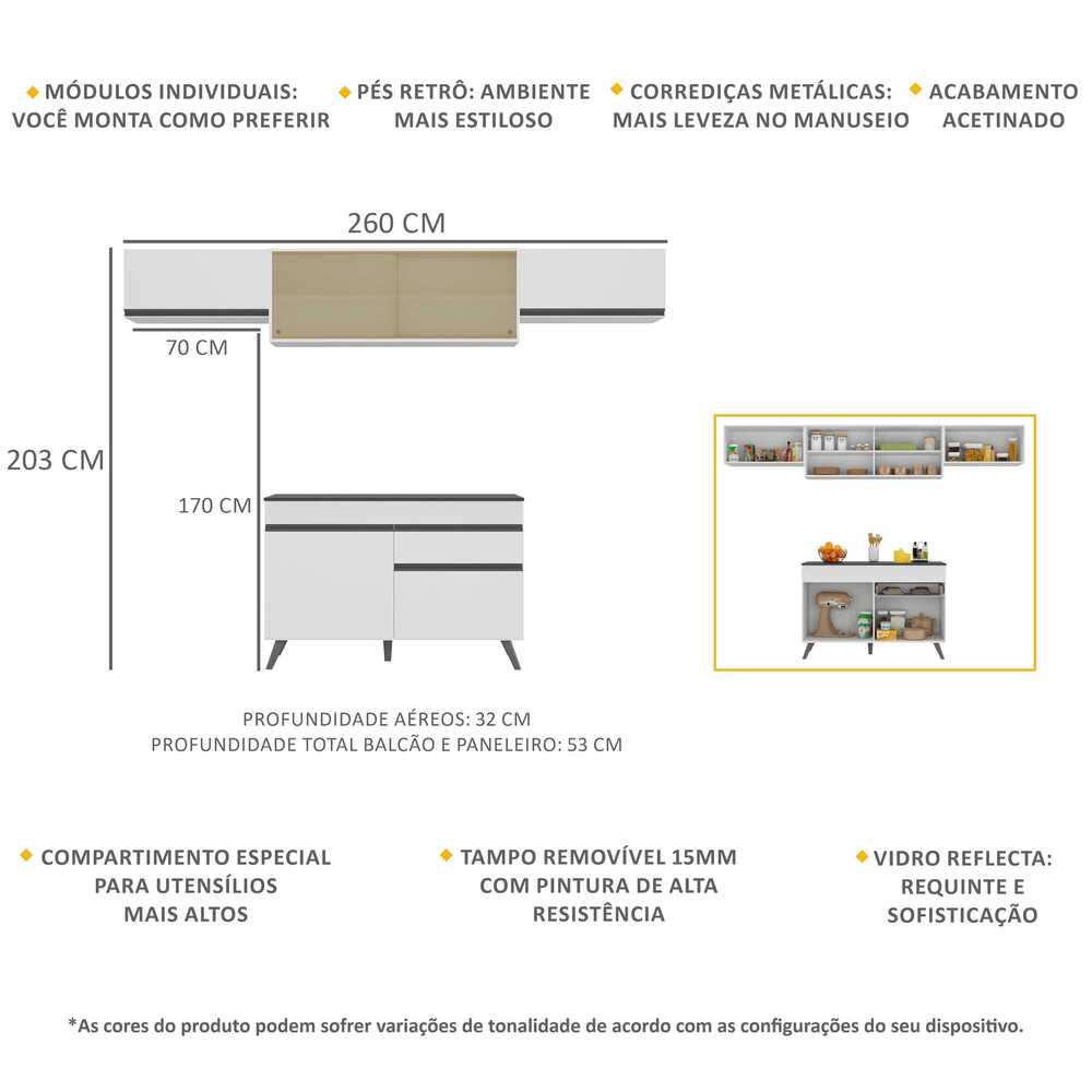 Armário de Cozinha Compacta 260cm Veneza Multimóveis V3698 Branco/Preto