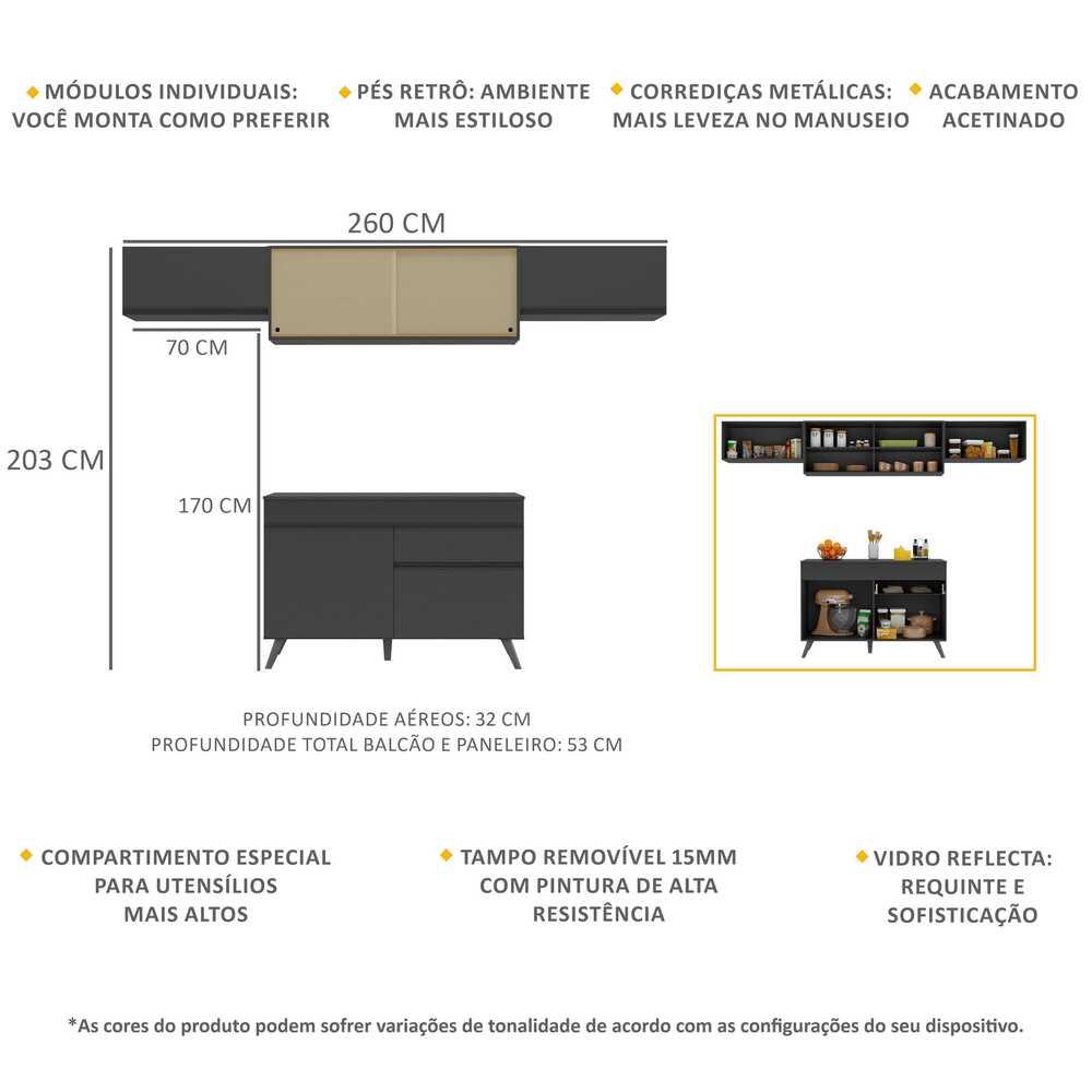 Armário de Cozinha Compacta 260cm Veneza Multimóveis V3698 Preto