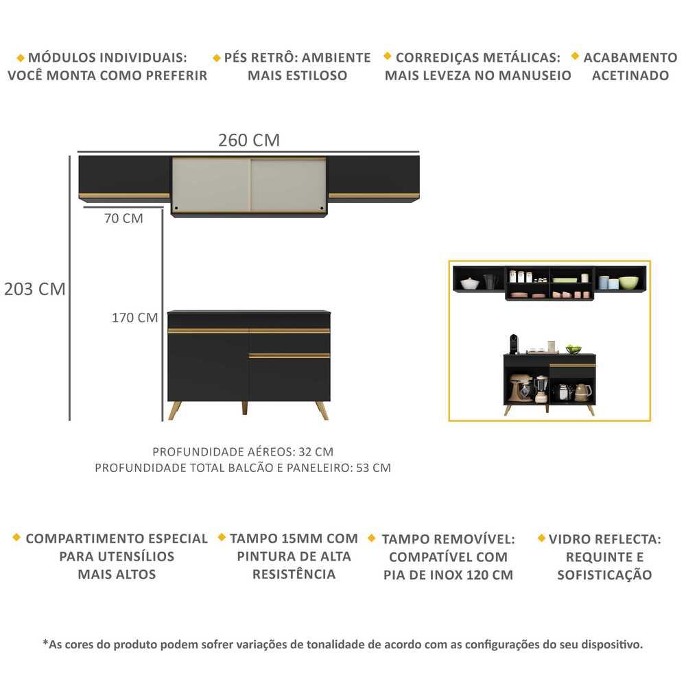 Armário de Cozinha Compacta 260cm Veneza Multimóveis V3698 Preto/Dourado