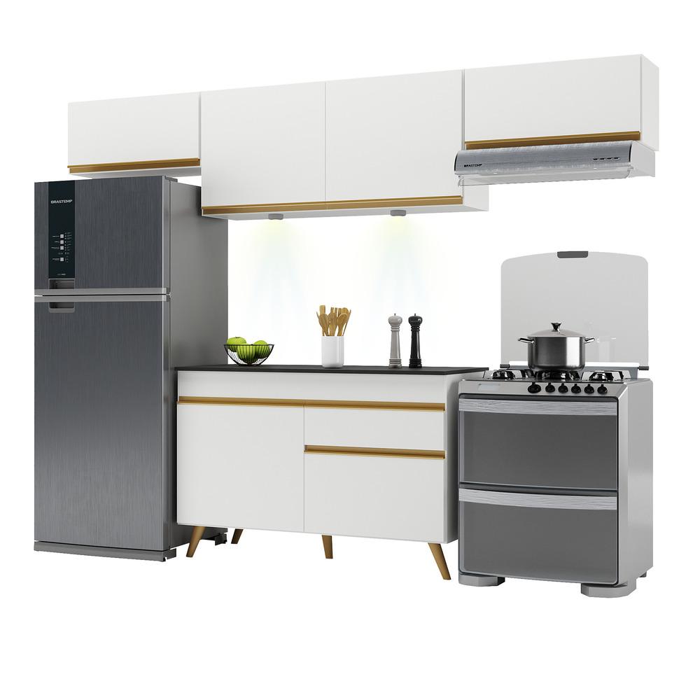 Armário de Cozinha Compacta 260cm com Leds Veneza Up Multimóveis V2022 Branco/Dourado