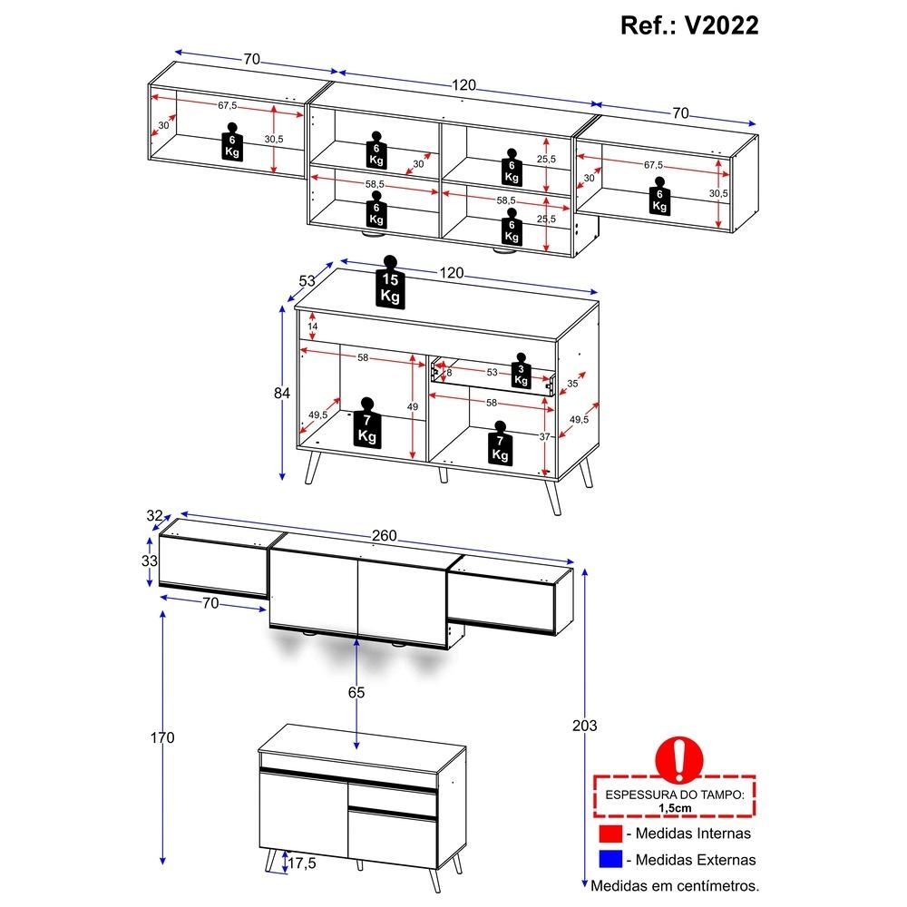 Armário de Cozinha Compacta 260cm com Leds Veneza Up Multimóveis V2022 Branco/Dourado