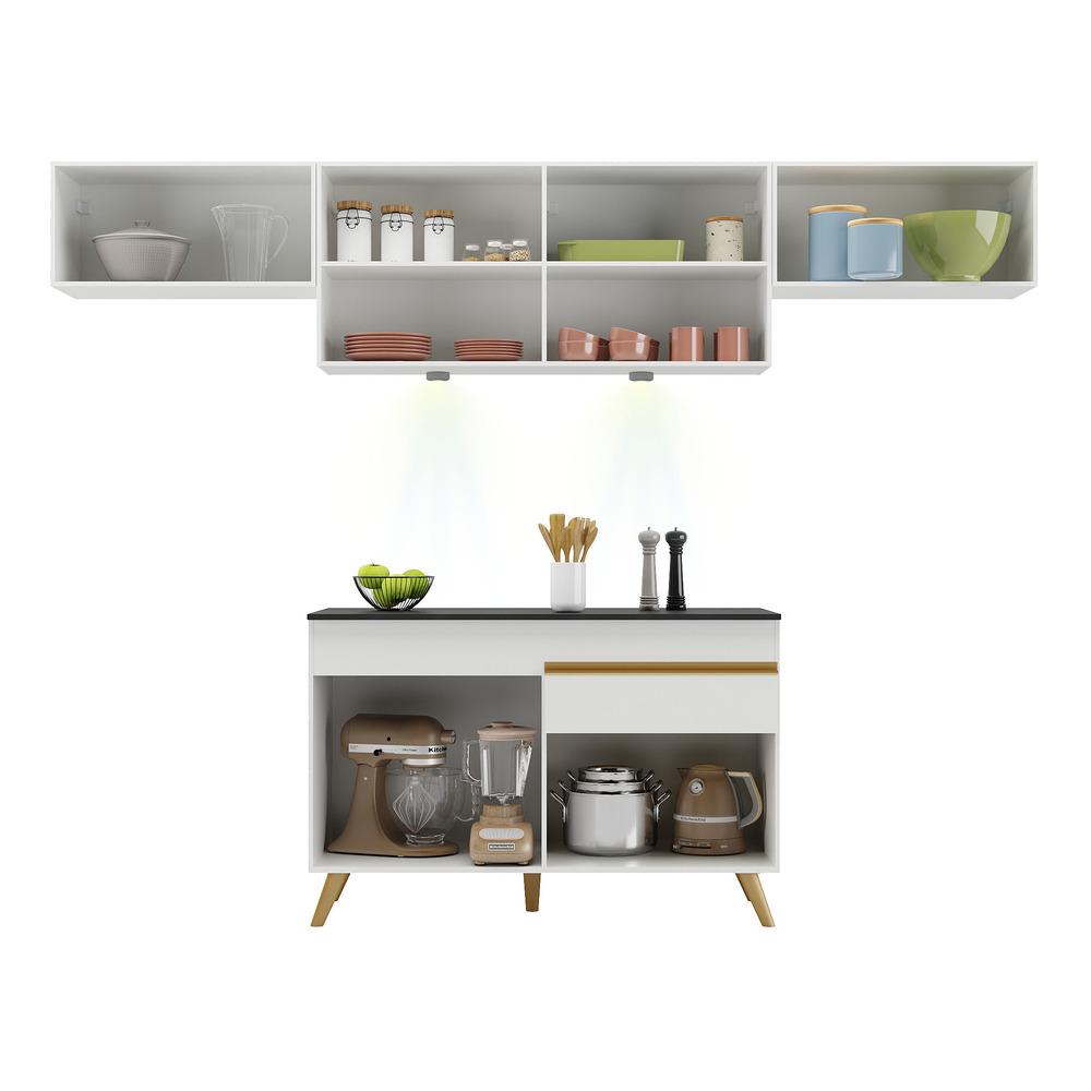 Armário de Cozinha Compacta 260cm com Leds Veneza Up Multimóveis V2022 Branco/Dourado