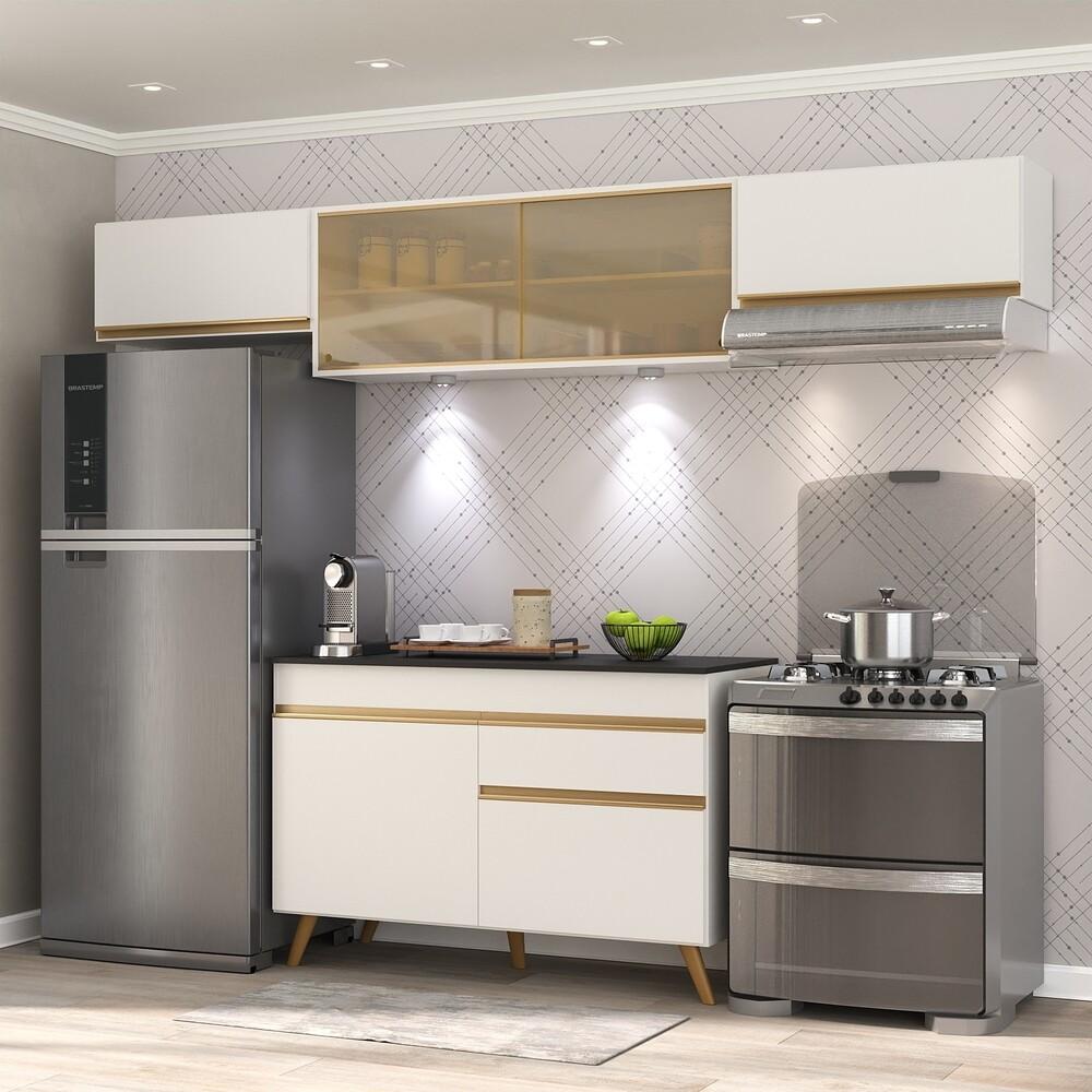 Armário de Cozinha Compacta 260cm com Leds Veneza Up Multimóveis V2023 Branco/Dourado